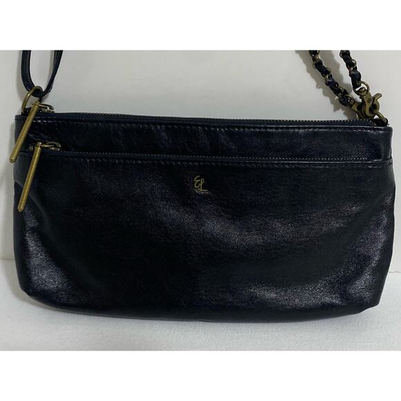 Elliott Lucca Leather Handbag Black Purse Chain Accents Neutral Slim Clutch - Picture 3 of 14